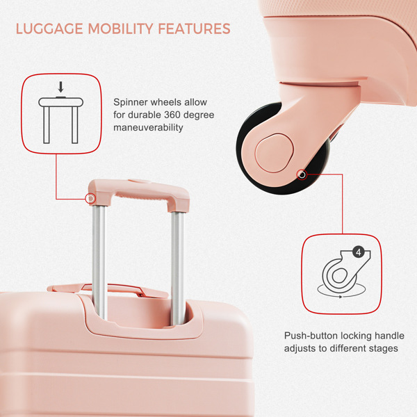 Luggage Sets 4 Piece, ABS Durable Suitcase with Travel Bag, Carry On Luggage Suitcase Set with 360° Spinner Wheels, pink