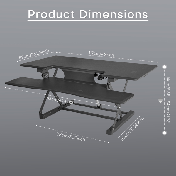 Höhenverstellbarer Schreibtisch für Computer, höhenverstellbarer Schreibtisch mit Tastaturablage, Verstellbarer Schreibtisch mit Ladefunktion (USB & Type-C & kabelloses Laden), Grau (117 x 59 cm)