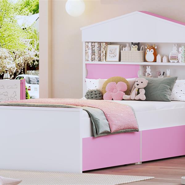 Twin Size House-Shaped Wooden Bed with Storage Shelf on the Headboard, Built-in Two Storage Drawers, Pink