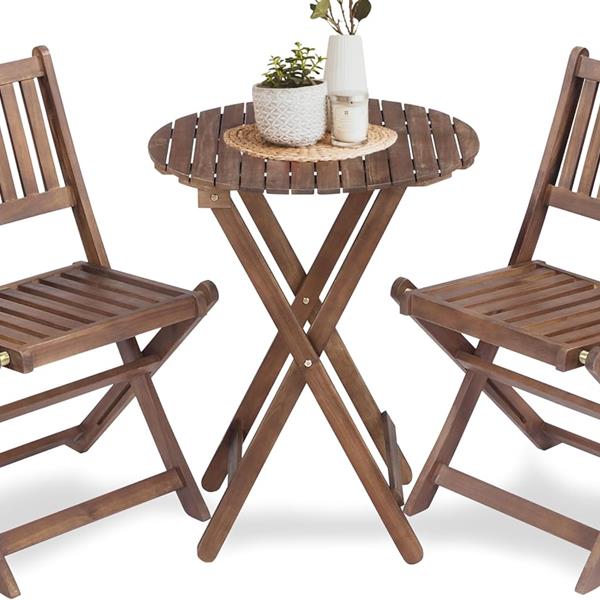 3-Piece Acacia Wood Bistro Set, Wooden Folding Patio Furniture for Garden Backyard Balcony Porch w/ 1 Coffee Table and 2 Foldable Chairs, Natural Stained