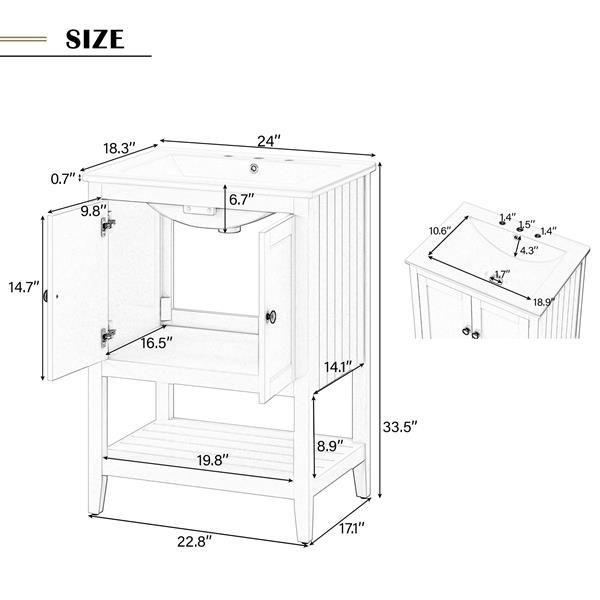 24" White Modern Sleek Bathroom Vanity Elegant Ceramic Sink with Solid Wood Frame Open Style Shelf