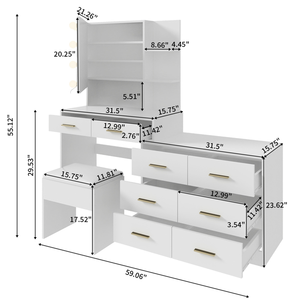 Large Makeup Vanity with Lights, Vanity Table with Charging Station, Vanity Desk with Mirror and 10 LED Light Bulbs, Makeup Table with Drawers and Storage Shelves, White