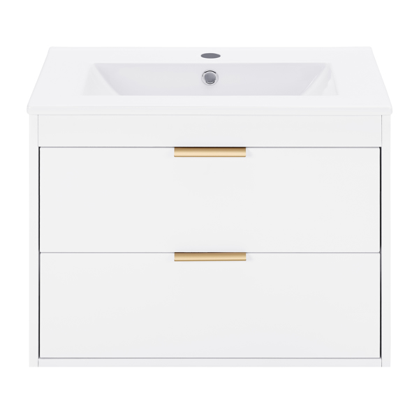 24" floating wall mounted bathroom vanity with white ceramic sink and drawer storage 