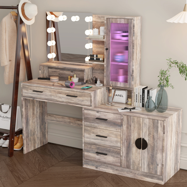 Large Makeup Vanity with Lights, Vanity Table with Charging Station, Vanity Desk with Mirror and 10 LED Light Bulbs, Makeup Table with Drawers and Storage Shelves and Cabinets, Gray