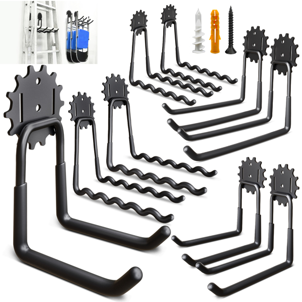 Garage Wall Hook 9-piece, Heavy Duty garage hook with extra soldering points, Hanging garage Hook, Garden Garage Organizer, Bicycle, hose, lawn, yard tools, Chair, ladder, weeder, Shovel, (black)