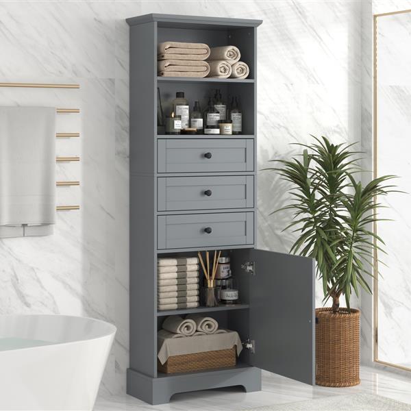 Gray Tall Storage Cabinet with 3 Drawers and Adjustable Shelves for Bathroom, Study, Office and Interior, MDF Board with Painted Finish