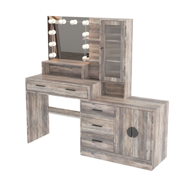 Large Makeup Vanity with Lights, Vanity Table with Charging Station, Vanity Desk with Mirror and 10 LED Light Bulbs, Makeup Table with Drawers and Storage Shelves and Cabinets, Gray