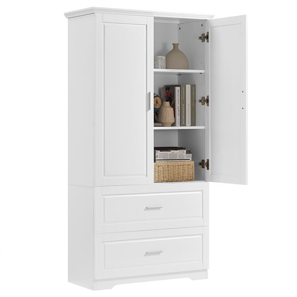 Tall Bathroom Storage Cabinet, Cabinet with Two Doors and Drawers, Adjustable Shelf, MDF Board, White