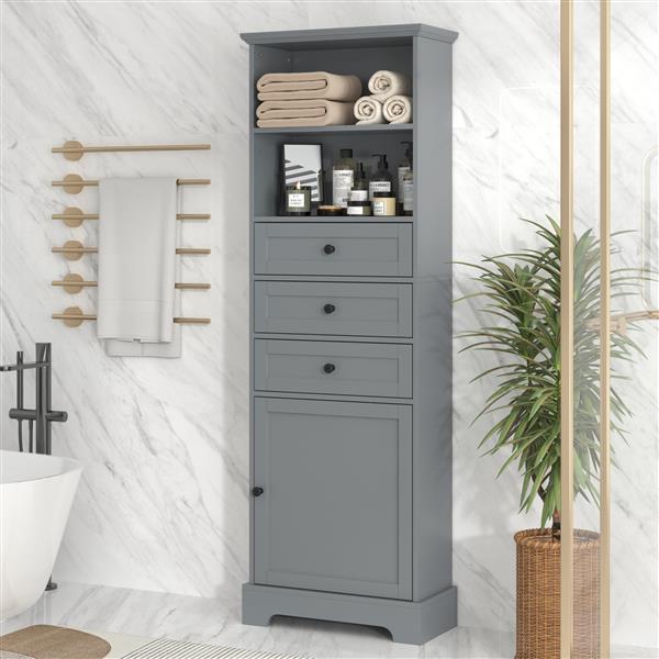 Gray Tall Storage Cabinet with 3 Drawers and Adjustable Shelves for Bathroom, Study, Office and Interior, MDF Board with Painted Finish