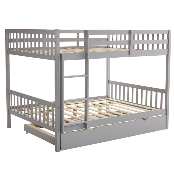 Full Size Bunk Bed with Trundle Bed, with Ladder and Safety Rails Pinewood Bunk Bed Gray