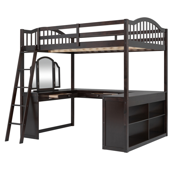 Full Wooden Loft Bed with U-shaped Desk,Storage Compartments and Tri-fold Mirror, Espresso 