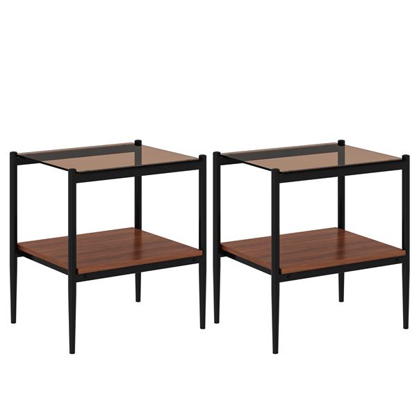 Set of 2 Rectangle End Table, Tempered Glass Tabletop with MDF layer, Modern Table for Living Room , Brown Glass