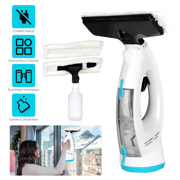 4 In 1 Cordless Window Vacuum Cleaner Rechargeable Glass Tile Mirror Cleaning Tool with Dual Water Tanks Multifunctional Spray Bottle