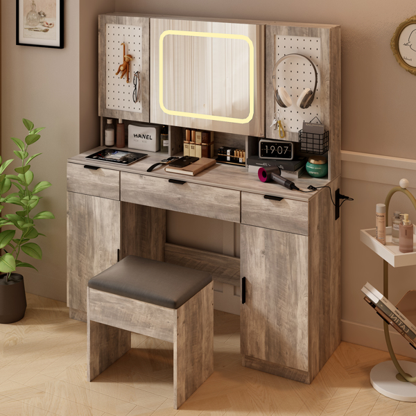 Large Vanity Table Set with LED Lighted Mirror and 2 DIY Pegboards, 5 Hooks, Vanity Desk with Charging Station, Makeup Table with Drawers, Storage Shelves and Cabinets, Cushioned Stool for Bedroom