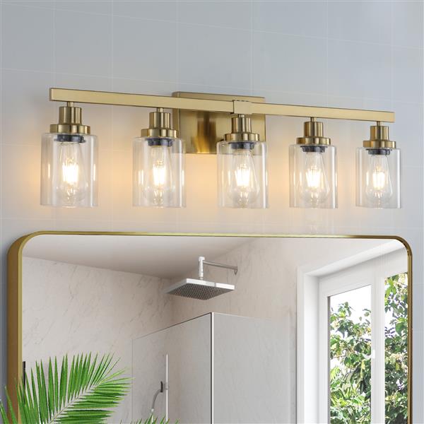 Golden 5-Light Vanity Light with Clear Glass Shades, Modern Iron Metal Bathroom Wall Fixture for Mirror, Ideal for Bathroom and Dressing Table (No Bulbs)