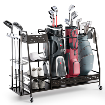 Golf Bag Organizer for Garage, Golf Bag Stand Fit 3 Golf Bags and Golf Equipment Accessories, Golf Club Rack with Shelf and Lockable Wheels, for Garage Home Simulator and Office