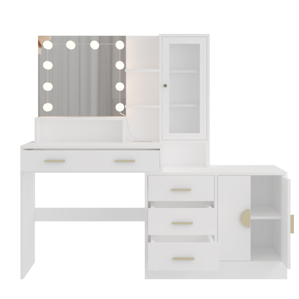 Large Makeup Vanity with Lights, Vanity Table with Charging Station, Vanity Desk with Mirror and 10 LED Light Bulbs, Makeup Table with Drawers and Storage Shelves and Cabinets, White