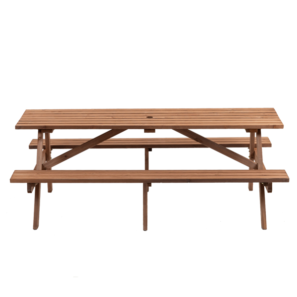 8-Person Rectangle Wooden Picnic Table, Outdoor Camping Dining Table with 2 Seats, Garden, DIY w/2 Built-in Benches, 2220lb Capacity, Brown 