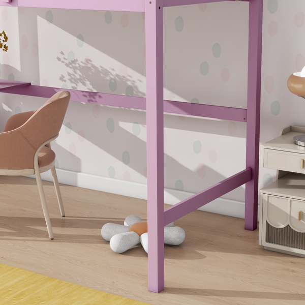 Twin High Loft Bed, Rubber Wood Loft Bed with Safety Guardrail, built-in desk, ladder,Pink 