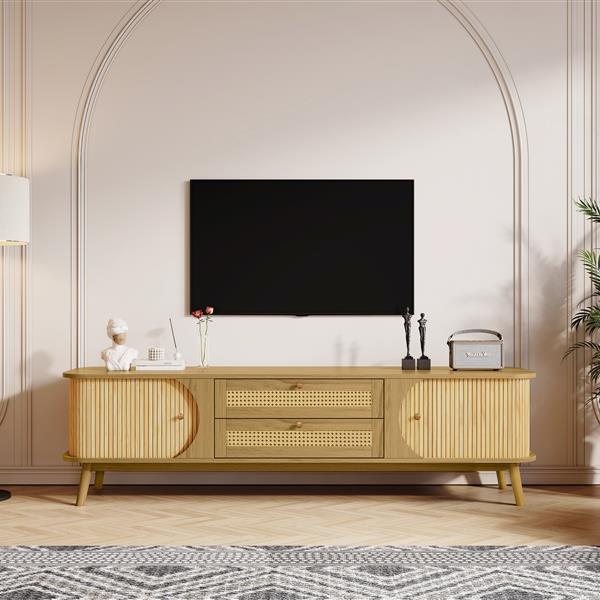 Rattan TV Stand for TVs up to 75'', Modern Farmhouse Media Console, Entertainment Center with Solid Wood Legs, TV Cabinet for Living Room,Home Theatre