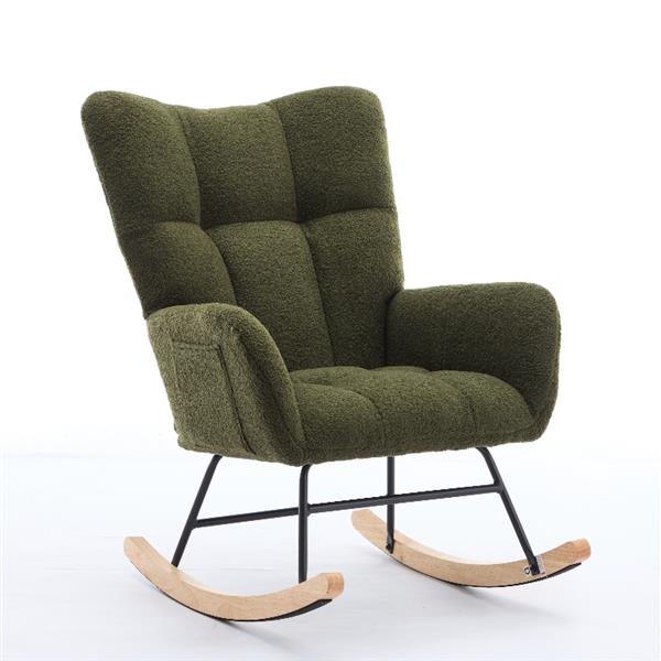 Modern Nursery Rocking Chair Upholstered Glider Chair with High Backrest Rocker Accent Armchair with Solid Wood Legs for Nursery Bedroom Living Room Teddy(dark green)