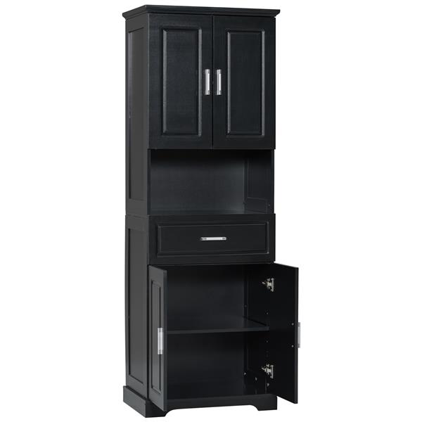 Tall Bathroom Cabinet with Four Doors, Large Storage Space Open Shelve, Upper Storage Cabinet, Black