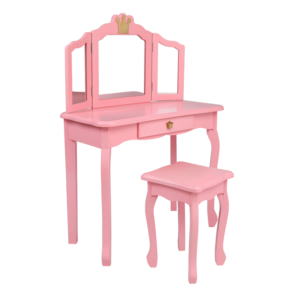 Children's Wooden Dressing Table Three-Sided Folding Mirror Dressing Table Chair Single Drawer Pink Crown Style