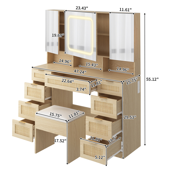 Large Vanity Table Set with 3 Opening Mirrors and LED Lights, Vanity Table with Full Storage Behind Mirror, Makeup Table with Drawers and Storage Shelves, Cushioned Stool for Bedroom, Natural