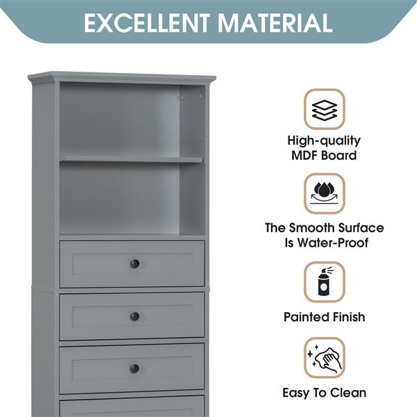 Gray Tall Storage Cabinet with 3 Drawers and Adjustable Shelves for Bathroom, Study, Office and Interior, MDF Board with Painted Finish