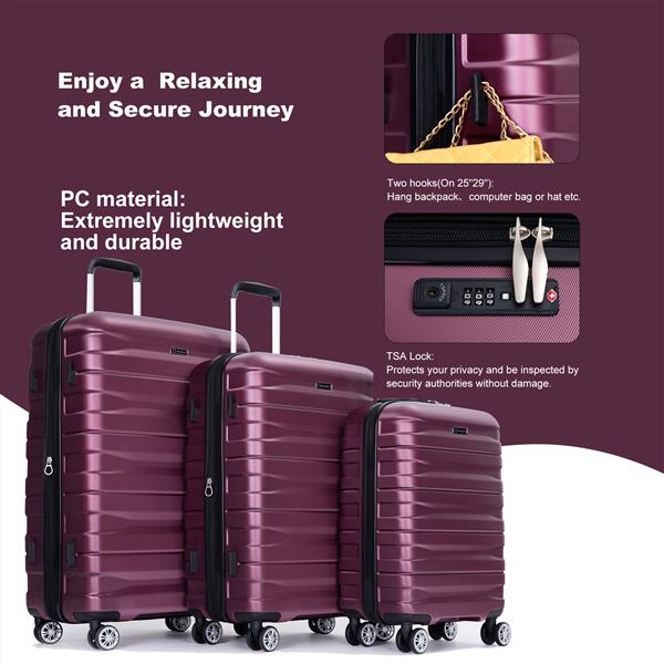 3 Piece Luggage Sets PC Lightweight & Durable Expandable Suitcase with Two Hooks, Double Spinner Wheels, TSA Lock, (21/25/29) Wine Red