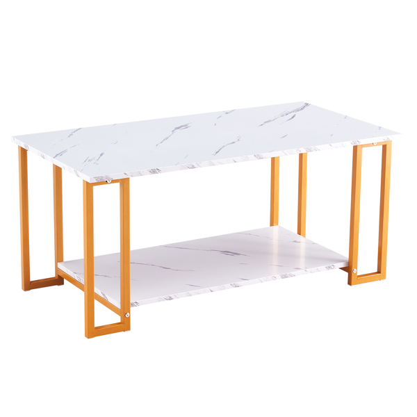  Coffee Table, 2 Layers 1.5cm Thick Marble MDF Rectangle 39.37" L Tabletop Iron Coffee Table , Dining Room, Coffee Shop, Resterant, White Top, Gold Leg 