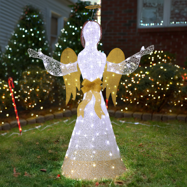 4.5FT Lighted Christmas Angel Outdoor Decoration, Weather Proof Angel with Wings Christmas Ornament Home Decor Pre-lit 200 LED White Lights with Stakes