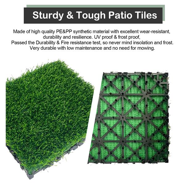 Artificial Grass Turf Tiles Interlocking Set of 35pcs, Fake Grass Tiles Self-draining for Pet Indoor/Outdoor Flooring Decor, 12x12in Grass Green