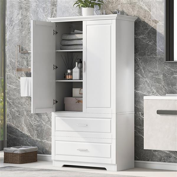 Tall Bathroom Storage Cabinet, Cabinet with Two Doors and Drawers, Adjustable Shelf, MDF Board, White