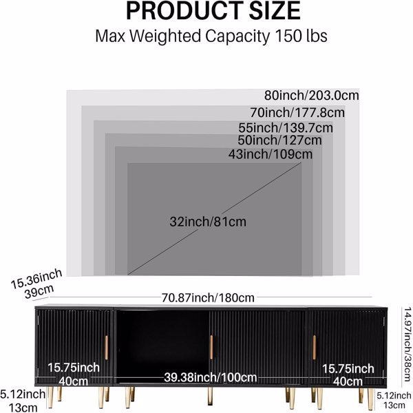 Fernsehkommode, Holz Tv Schrank mit Lagerung für 32-80" Fernseher, Fernsehtisch mit Aufrechte Tischbeine für Wohnzimmer, Schlafzimmer (Schwarz)