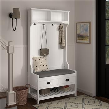 3-in-1 Hallway Hall Tree with 2 Storage Drawer and 4 Coat Rack, Wooden Entryway Shoe Rack Bench with Padded Seat Cushion, Mudroom Bench with Top Storage Shelf