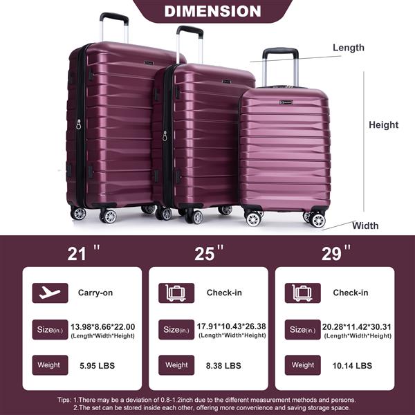 3 Piece Luggage Sets PC Lightweight & Durable Expandable Suitcase with Two Hooks, Double Spinner Wheels, TSA Lock, (21/25/29) Wine Red