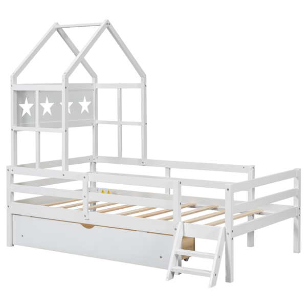 Wood Twin Size House Platform Bed with Guardrail and Drawer, White 