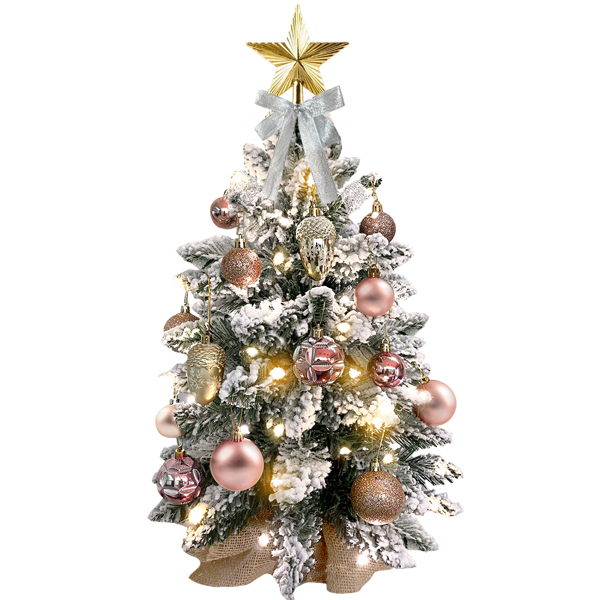 22in Mini Christmas Tree with Lights, Rose Gold Artificial Small Tabletop Christmas Tree with Flocked Snow, Exquisite Decor & Xmas Decorations for Table Top for Home & Office