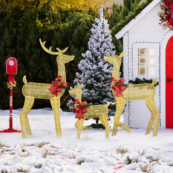 3-Piece Lighted Christmas Reindeer Family Set Outdoor Decorations, Weather Proof 2D Deer Family Set of 3 Christmas Ornament Home Decor Pre-lit 200 LED Warm White Lights with Stakes, Golden