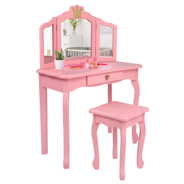 Children's Wooden Dressing Table Three-Sided Folding Mirror Dressing Table Chair Single Drawer Pink Crown Style