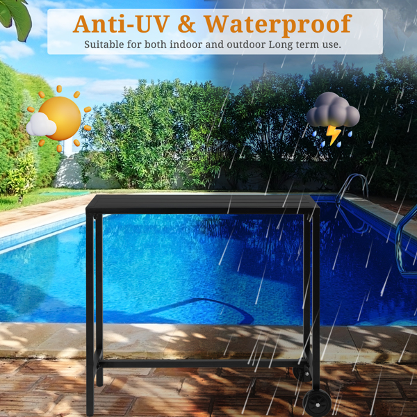 40" Outdoor Bar Table with Wheels, Rectangle Narrow Counter Height Table, Ideal Bar Height Table for Balcony Patio Garden Yard Poolside, Black