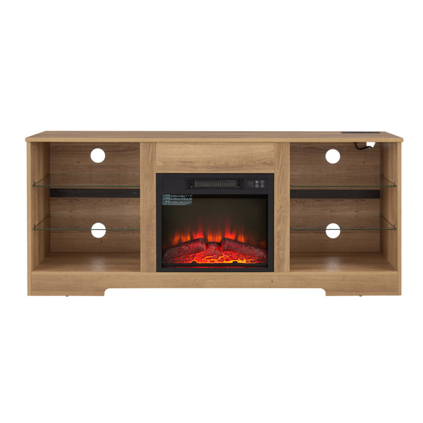 TV Stand Electric Fireplace Glass Shelves, 3D Fireplace TV Stand with LED Lights Wood with USB Charging Outlet Modern Television Table Center for TV up to 62" OAK 58''W*15.5''D*24.4 