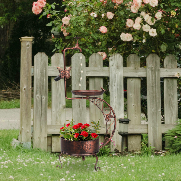 36 inch Bird Baths for Outdoors, Vintage Metal Garden Bird Bath with Solar Lamp and Flower Planter Pedestal Standing Bird Feeder, Bronze