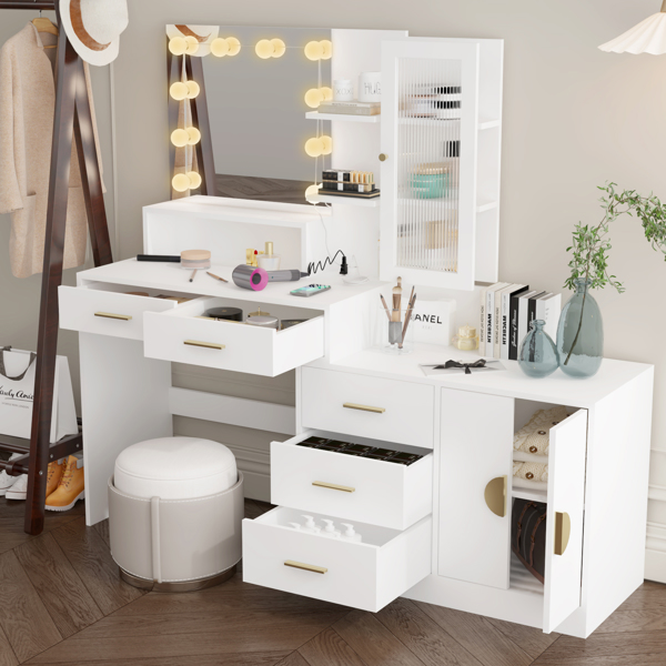 Large Makeup Vanity with Lights, Vanity Table with Charging Station, Vanity Desk with Mirror and 10 LED Light Bulbs, Makeup Table with Drawers and Storage Shelves and Cabinets, White