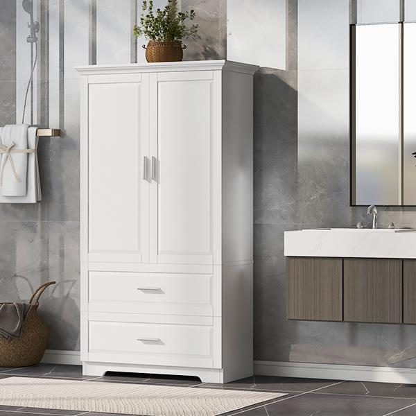 Tall Bathroom Storage Cabinet, Cabinet with Two Doors and Drawers, Adjustable Shelf, MDF Board, White