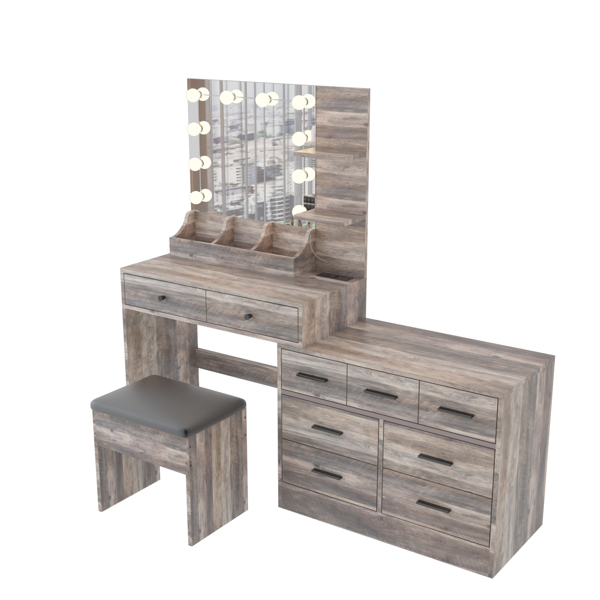 Large Makeup Vanity with Lights, Vanity Table with Charging Station, Vanity Desk with Mirror and 10 LED Light Bulbs, Makeup Table with Tabletop Compartments, Drawers and Storage Shelves, Gray