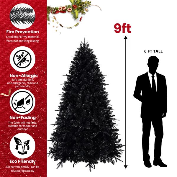 9ft Pre-Lit Black Christmas Tree, Full Halloween Xmas Artificial Tree 3176 Branch Tips, 750 Lights, Metal Hinges, Foldable Base, Holiday Decoration - Black