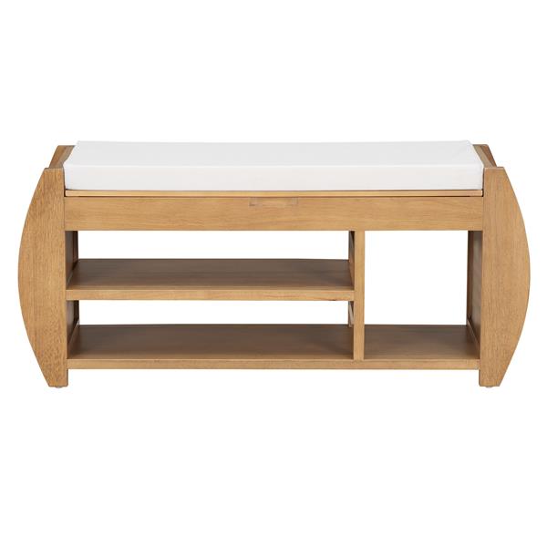 Retro Multifunctional Storage Bench with Cushion and Curved Side Panel for Entrance and Living Room (Natural)