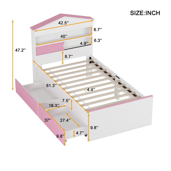 Twin Size House-Shaped Wooden Bed with Storage Shelf on the Headboard, Built-in Two Storage Drawers, Pink